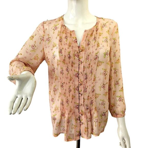 Daniel Rainn Sheer Pink Floral Blouse Size S Pleated Front Back Covered Buttons - Picture 4 of 11